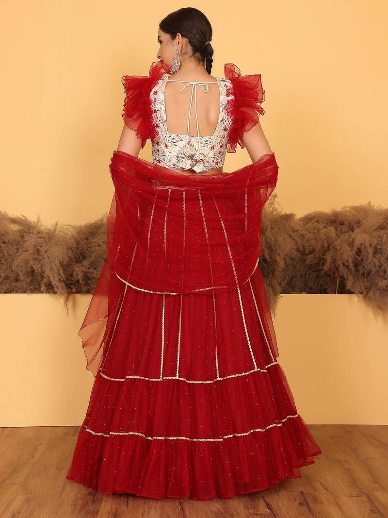 Ready To Wear Cream Embroidered Art Silk Maroon Net Lehenga Set