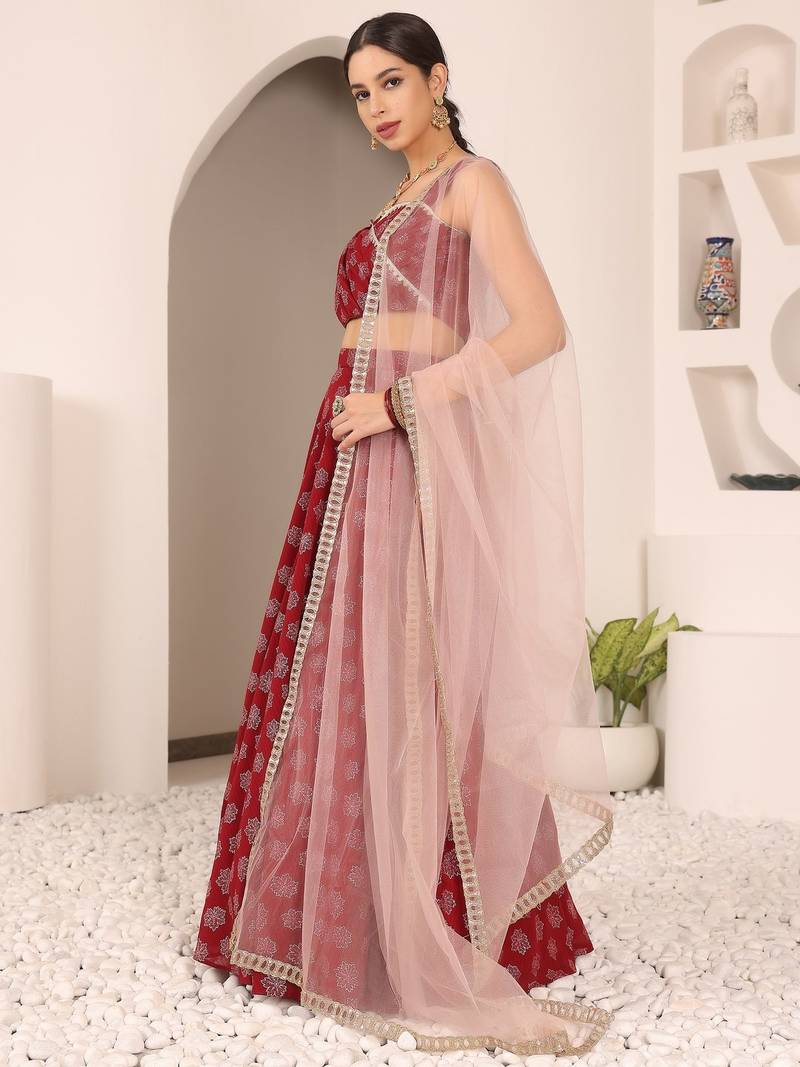 Ready To Wear Maroon Foil Printed Strap Neck Style Lehenga Set