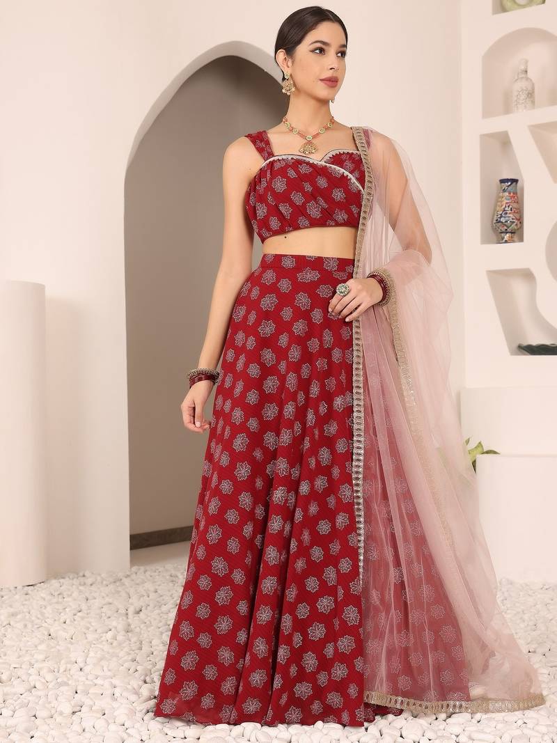 Ready To Wear Maroon Foil Printed Strap Neck Style Lehenga Set