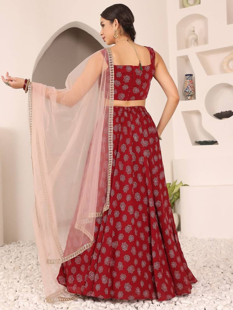 Ready To Wear Maroon Foil Printed Strap Neck Style Lehenga Set