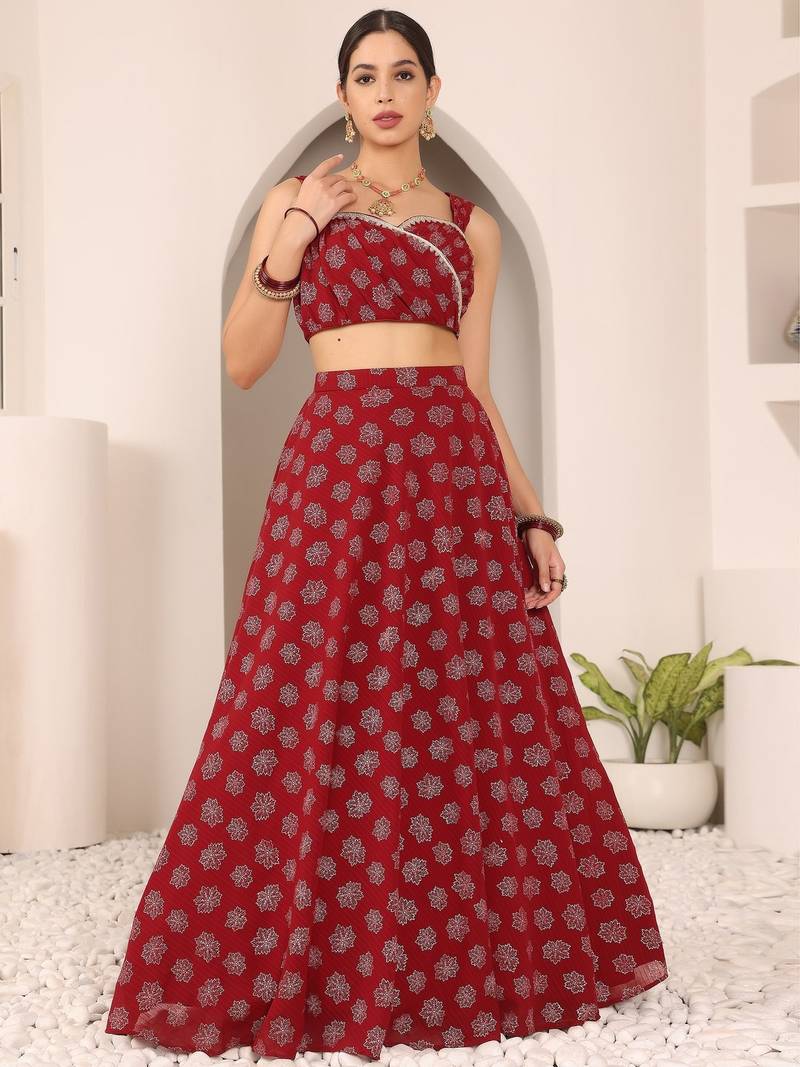 Ready To Wear Maroon Foil Printed Strap Neck Style Lehenga Set