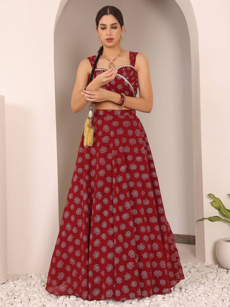 Ready To Wear Maroon Foil Printed Strap Neck Style Lehenga Set