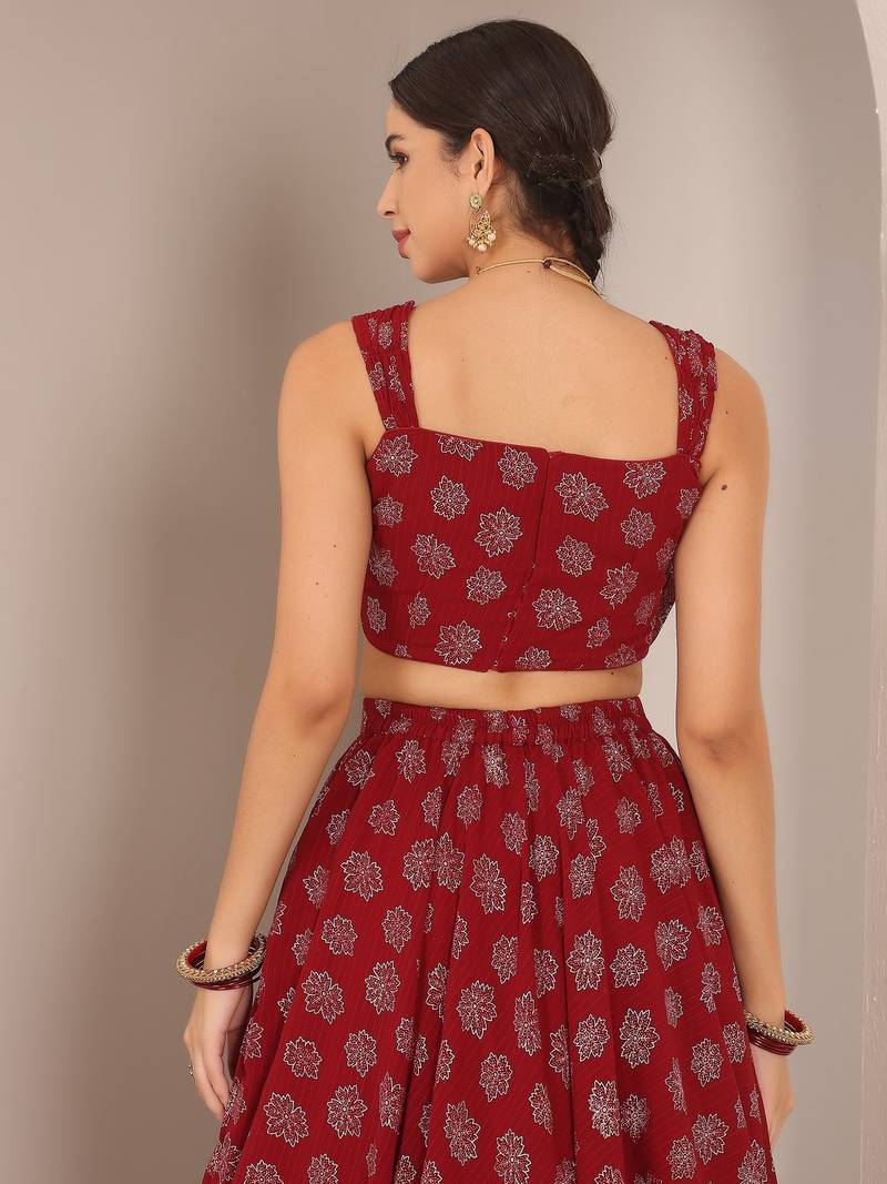 Ready To Wear Maroon Foil Printed Strap Neck Style Lehenga Set