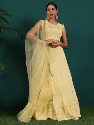 Ready To Wear Yellow Embroidered Art Silk Lehenga Set 2