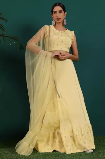 Ready To Wear Yellow Embroidered Art Silk Lehenga Set