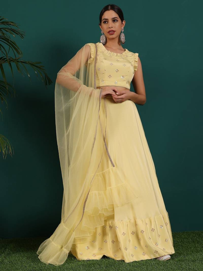 Ready To Wear Yellow Embroidered Art Silk Lehenga Set