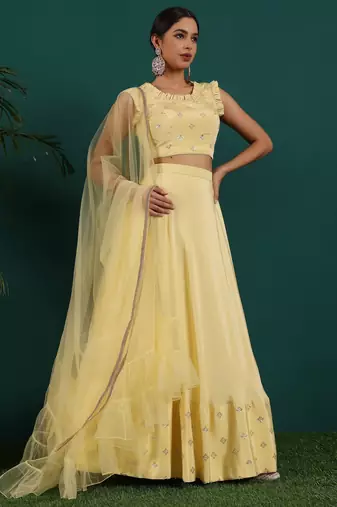 Ready To Wear Yellow Embroidered Art Silk Lehenga Set