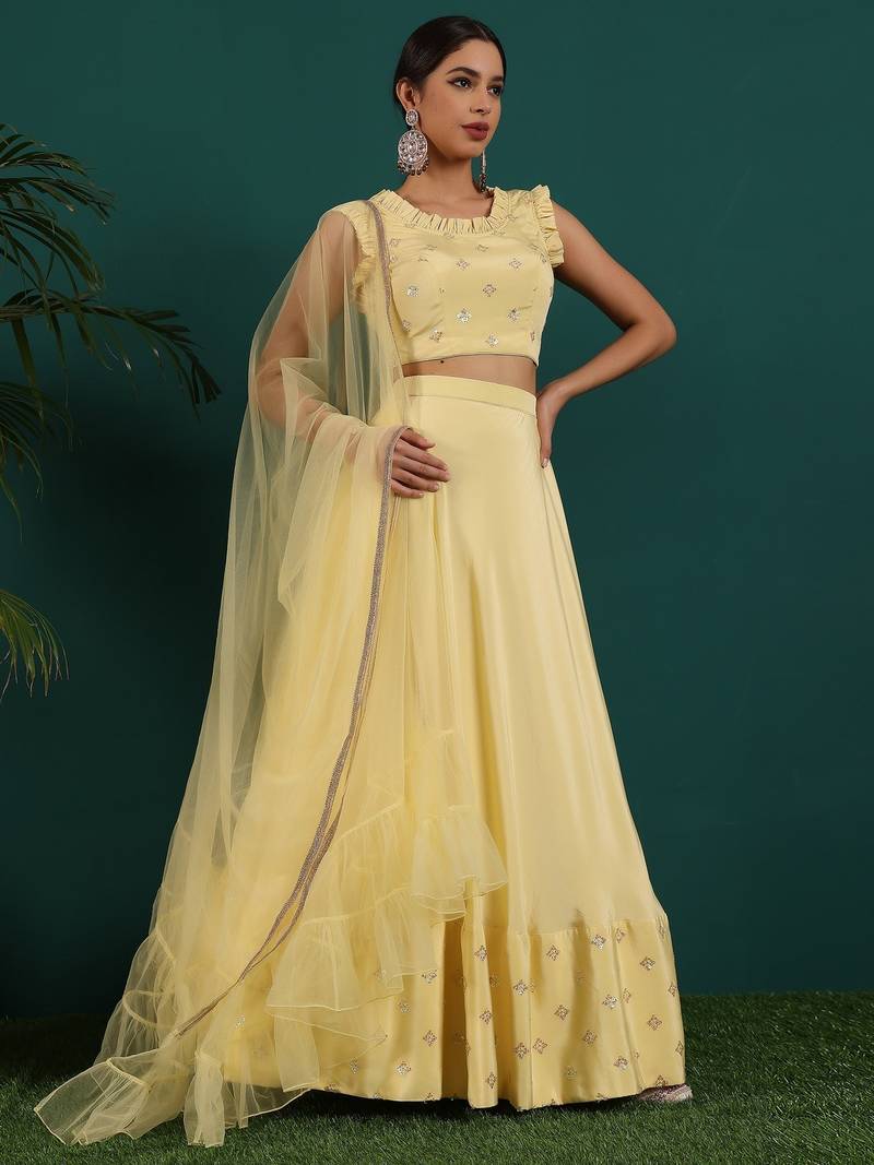 Ready To Wear Yellow Embroidered Art Silk Lehenga Set