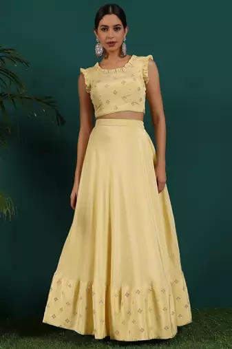 Ready To Wear Yellow Embroidered Art Silk Lehenga Set