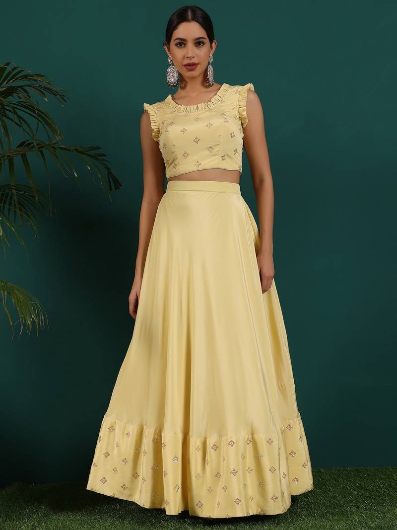 Ready To Wear Yellow Embroidered Art Silk Lehenga Set