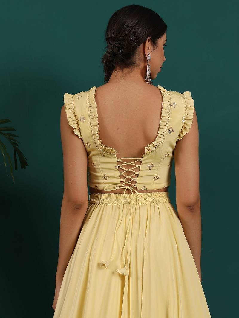 Ready To Wear Yellow Embroidered Art Silk Lehenga Set