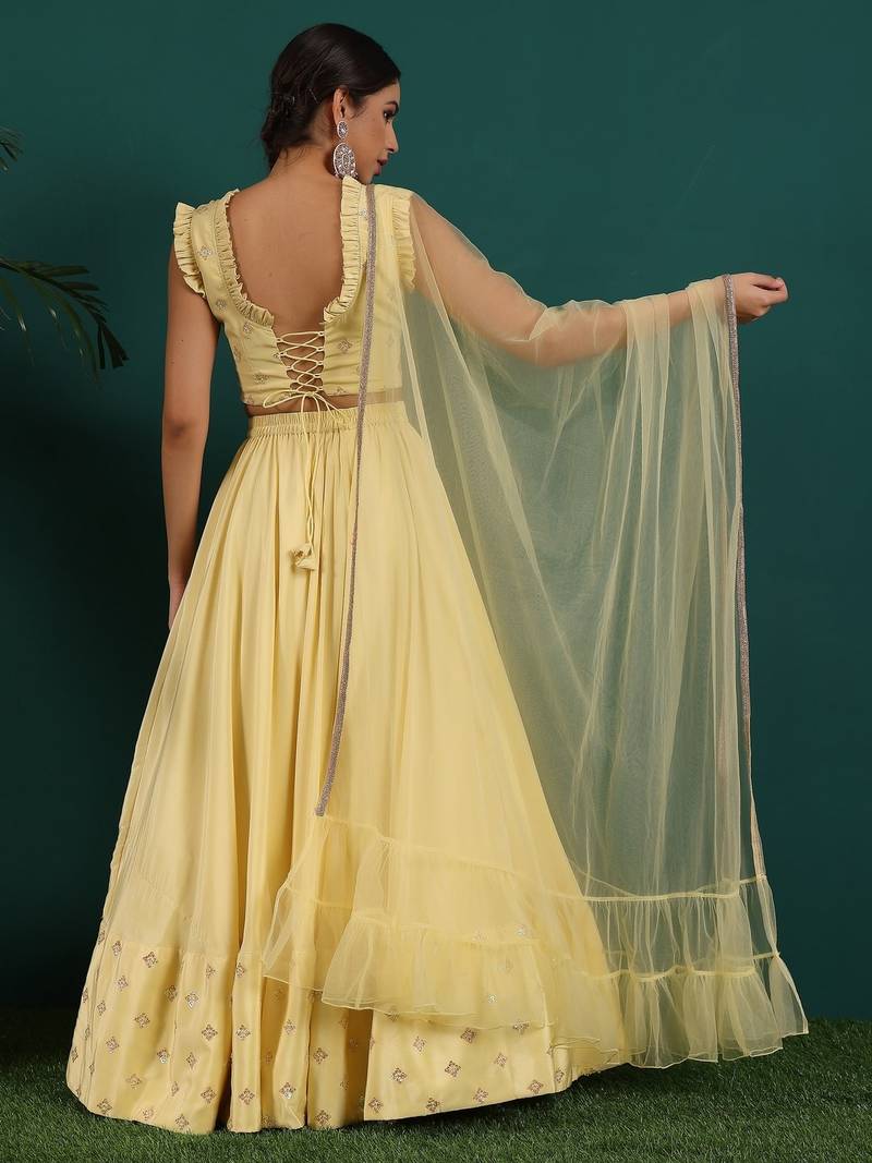 Ready To Wear Yellow Embroidered Art Silk Lehenga Set