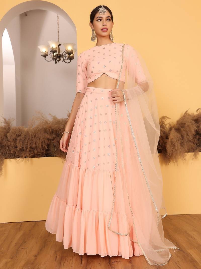 Ready To Wear Peach Georgette Embroidered Lehenga Set
