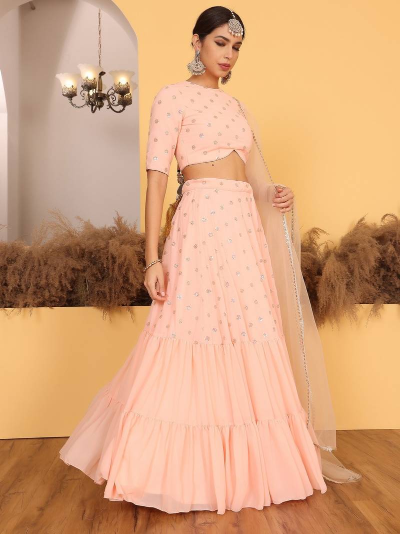 Ready To Wear Peach Georgette Embroidered Lehenga Set
