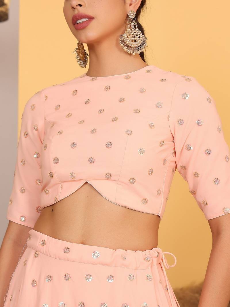 Ready To Wear Peach Georgette Embroidered Lehenga Set
