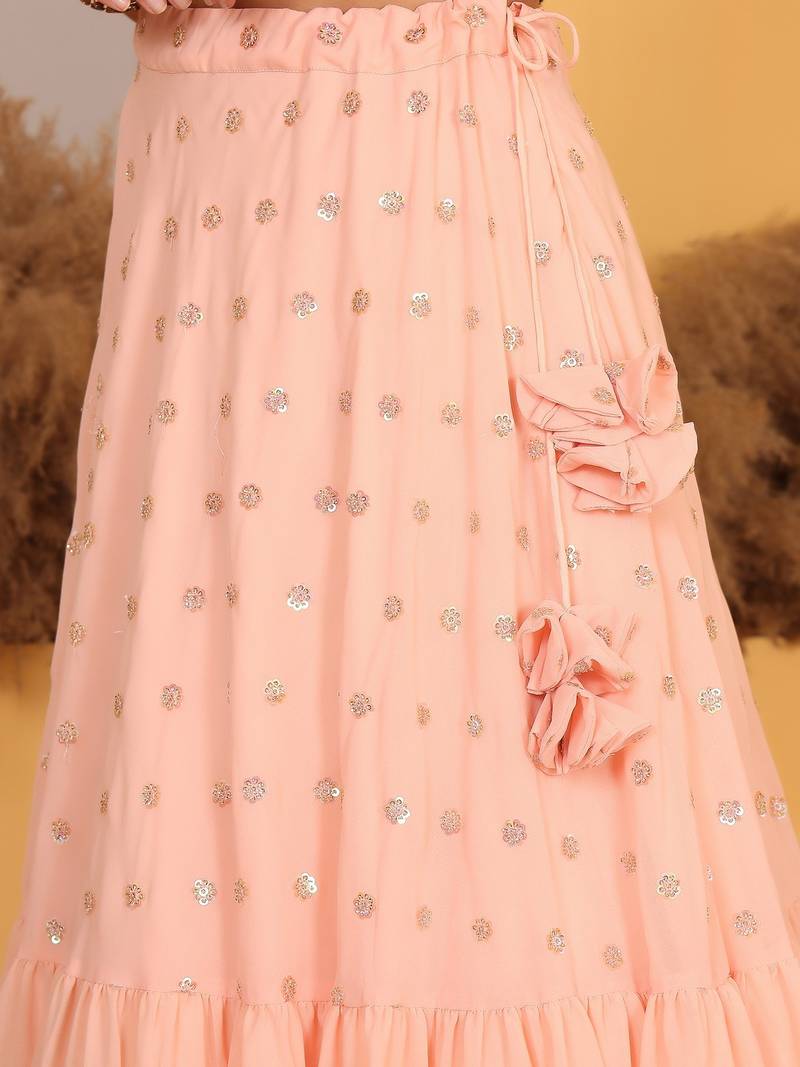 Ready To Wear Peach Georgette Embroidered Lehenga Set