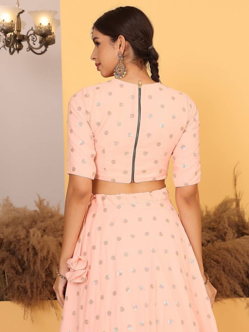 Ready To Wear Peach Georgette Embroidered Lehenga Set