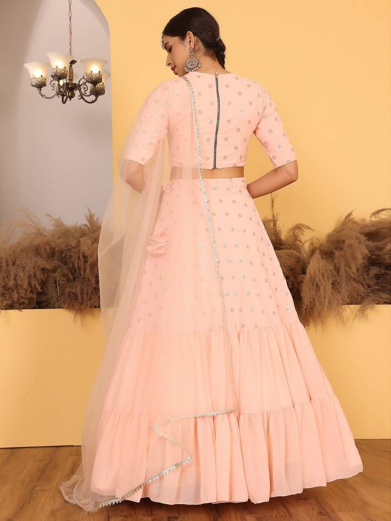 Ready To Wear Peach Georgette Embroidered Lehenga Set