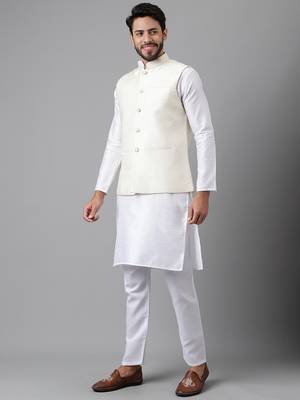 White weaving work jacquard silk kurta koti set with pyjama 4