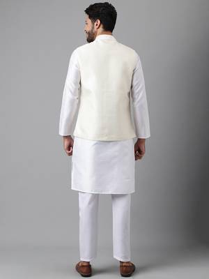 White weaving work jacquard silk kurta koti set with pyjama 5