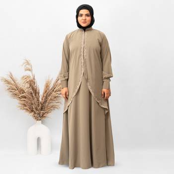 Double Layer Koti Embroidery Abaya in Beige Color With Hijab 1