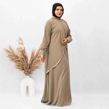 Double Layer Koti Embroidery Abaya in Beige Color With Hijab 3