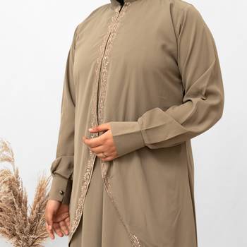 Double Layer Koti Embroidery Abaya in Beige Color With Hijab 4