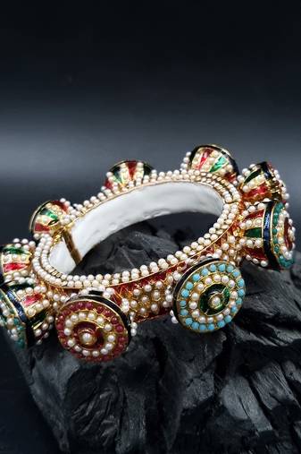 Gold plated ethnic rajasthani pearl studded bangles for women