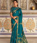 Dark Teal Colour Satin Silk Blend Zari Woven Saree With Blouse