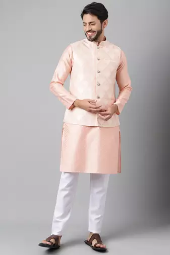Peach weaving work jacquard silk kurta koti set with pyjama