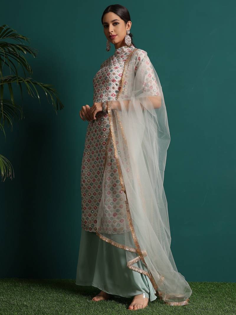 Ethnovog Ready To Wear Off White Embroidered Collar Neck Palazzo Suit