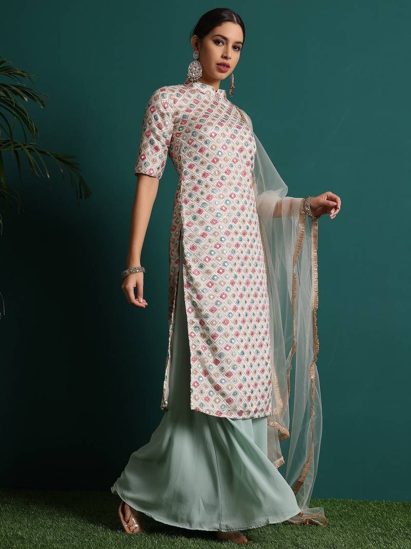 Ethnovog Ready To Wear Off White Embroidered Collar Neck Palazzo Suit