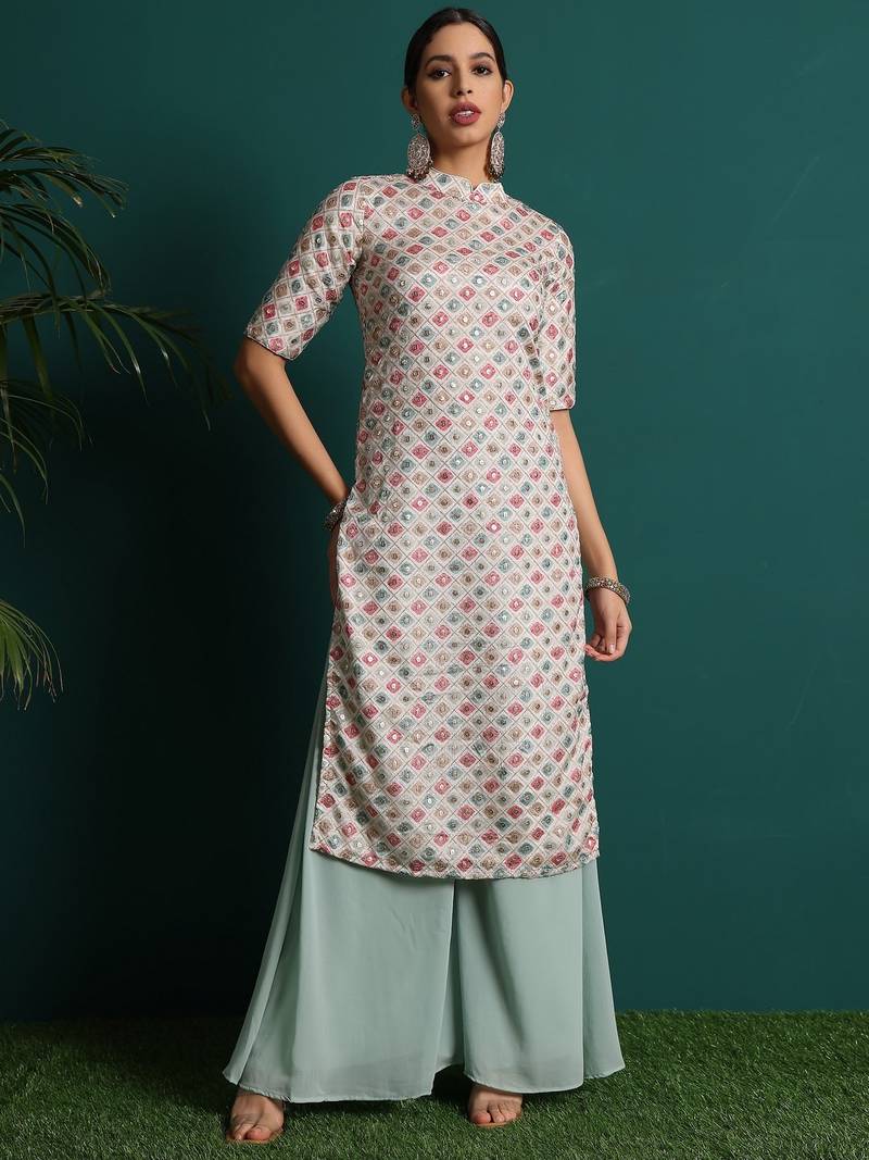 Ethnovog Ready To Wear Off White Embroidered Collar Neck Palazzo Suit