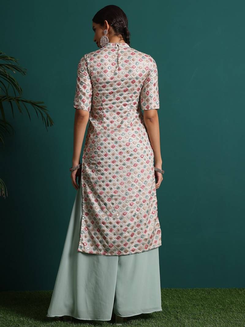 Ethnovog Ready To Wear Off White Embroidered Collar Neck Palazzo Suit