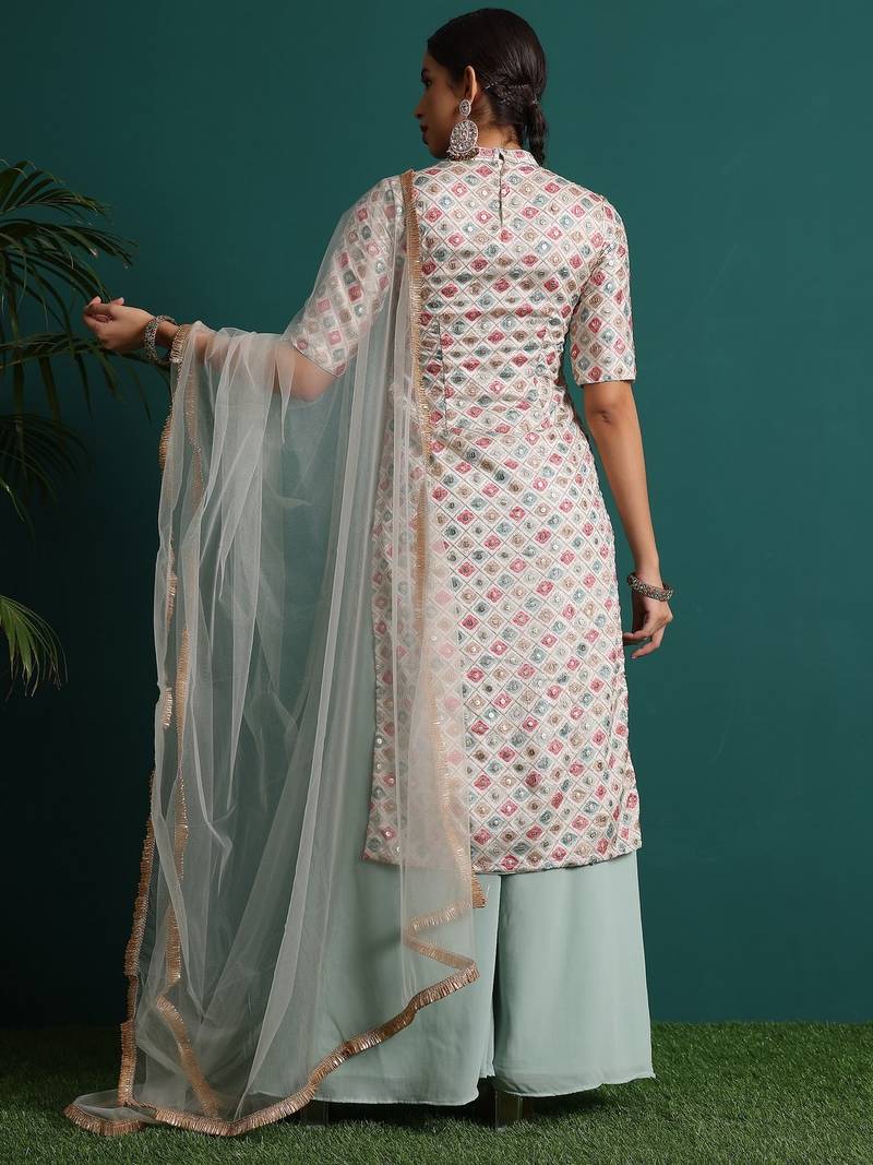 Ethnovog Ready To Wear Off White Embroidered Collar Neck Palazzo Suit