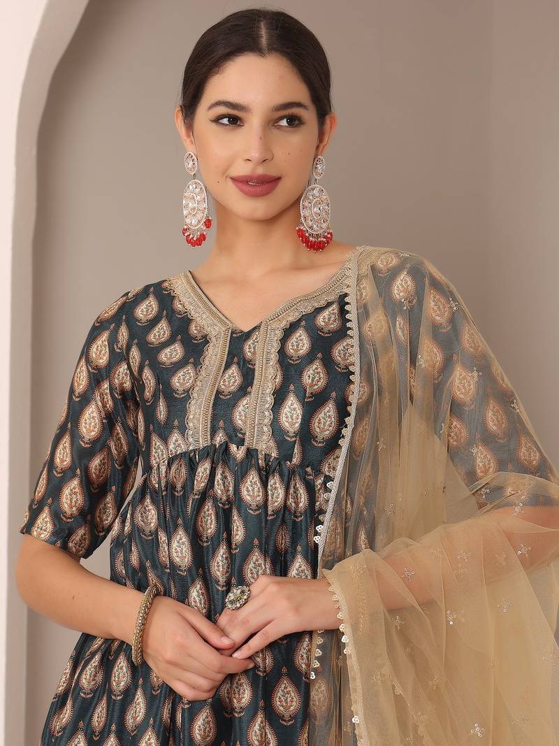 Ethnovog Ready To Wear Multicoloured Chinon Printed Suit Set