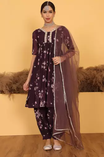 Ethnovog Ready To Wear Purple Georgette Printed Suit Set