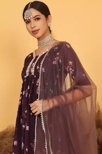 Ethnovog Ready To Wear Purple Georgette Printed Suit Set