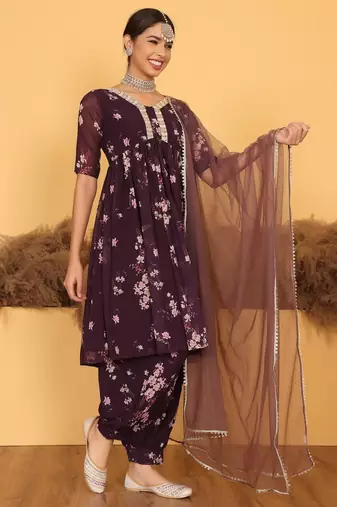 Ethnovog Ready To Wear Purple Georgette Printed Suit Set