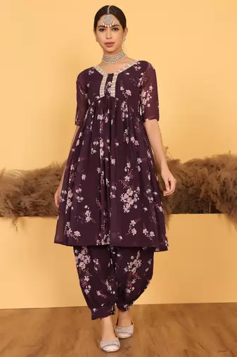Ethnovog Ready To Wear Purple Georgette Printed Suit Set