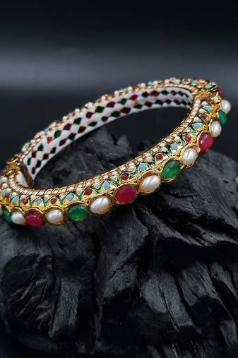 Gold plated ethnic rajasthani pearl studded bangles for women