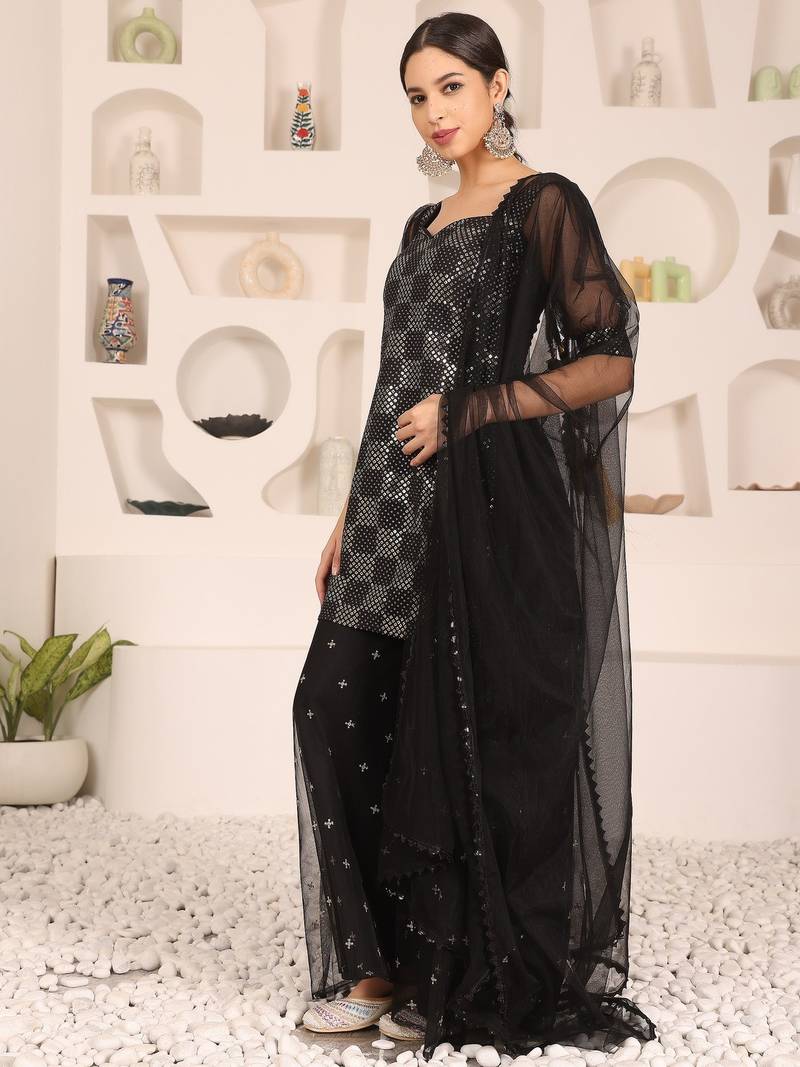 Ethnovog Ready To Wear Black Embroidered Georgette Palazzo Suit