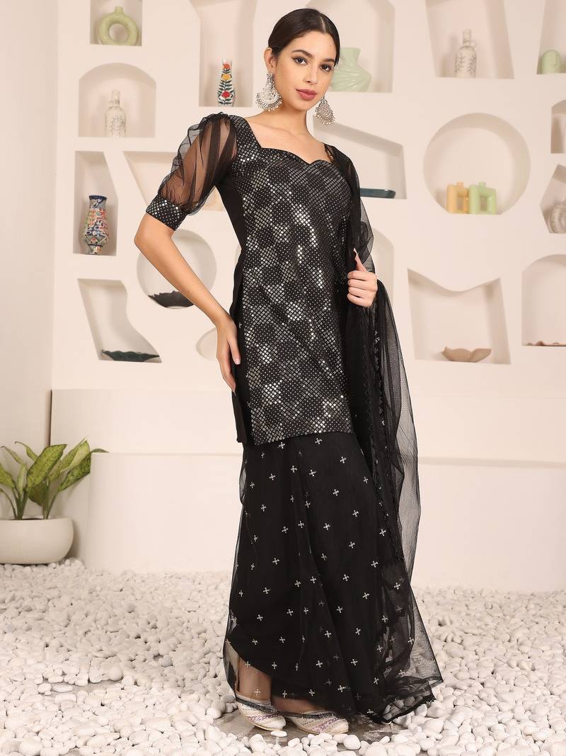 Ethnovog Ready To Wear Black Embroidered Georgette Palazzo Suit