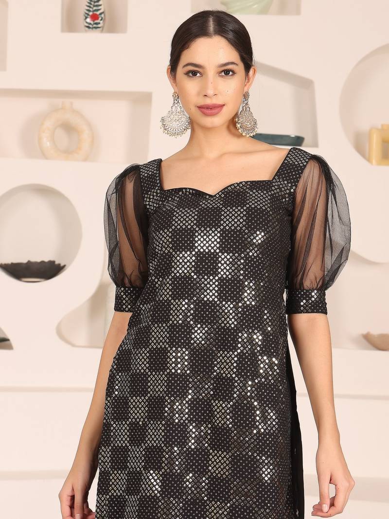 Ethnovog Ready To Wear Black Embroidered Georgette Palazzo Suit