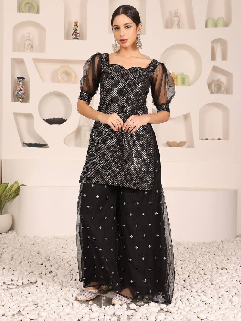 Ethnovog Ready To Wear Black Embroidered Georgette Palazzo Suit