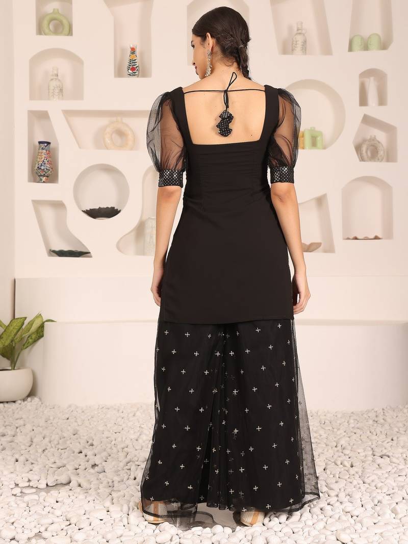Ethnovog Ready To Wear Black Embroidered Georgette Palazzo Suit
