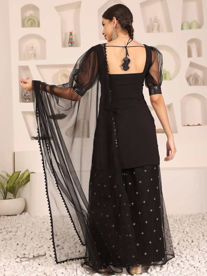 Ethnovog Ready To Wear Black Embroidered Georgette Palazzo Suit