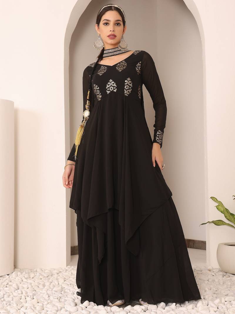 Enchanting Black Embroidered Net Lehenga Style Anarkali Suit main image 0