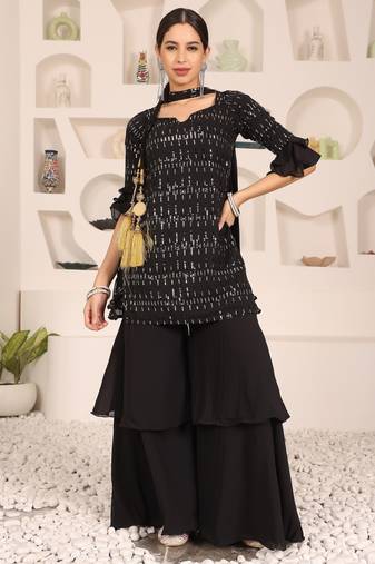 Ethnovog Ready To Wear Black Georgette Embroidered Straight suit