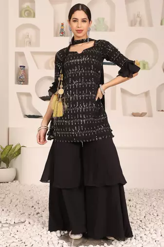 Ethnovog Ready To Wear Black Georgette Embroidered Straight suit
